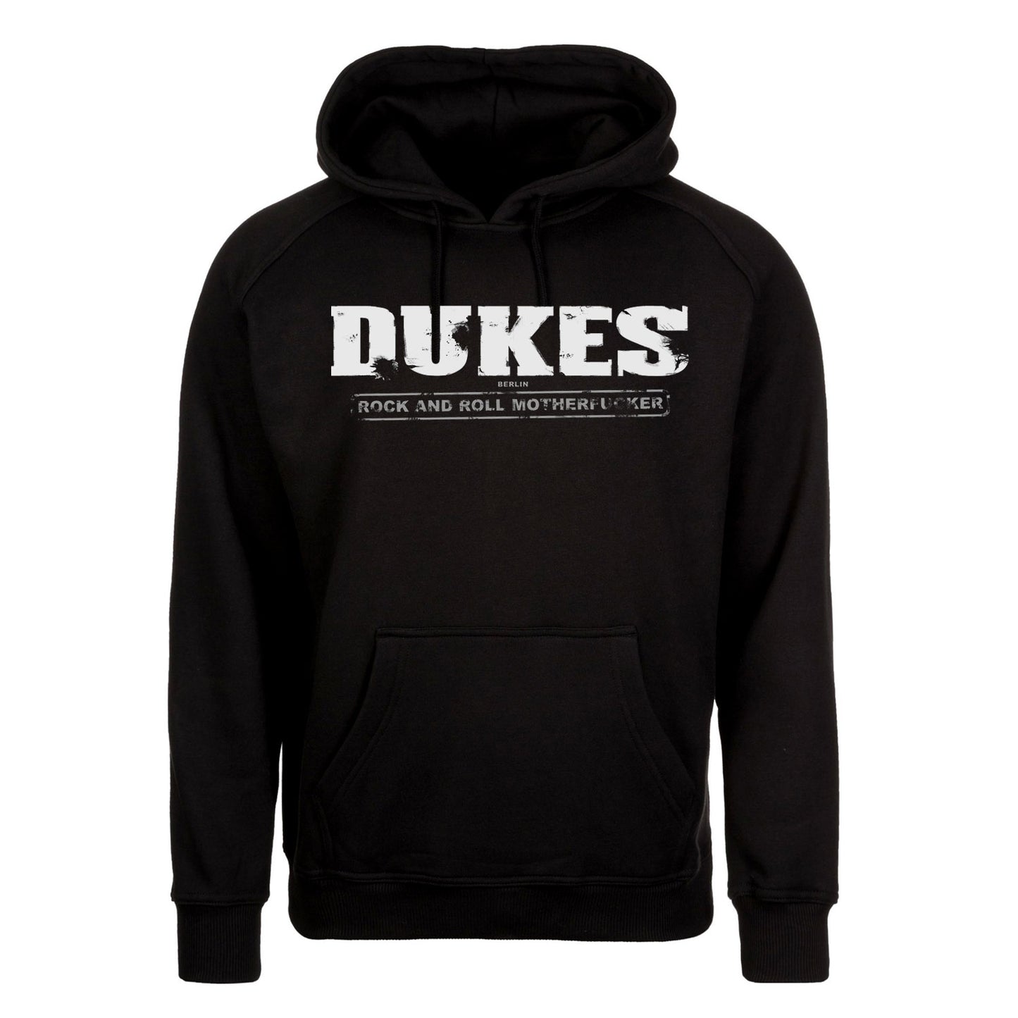 Kapuzenpullover schwarz der Berliner Hard Rock Band DUKES mit der Unterschrift Berlin und Rock and Roll Motherfucker
