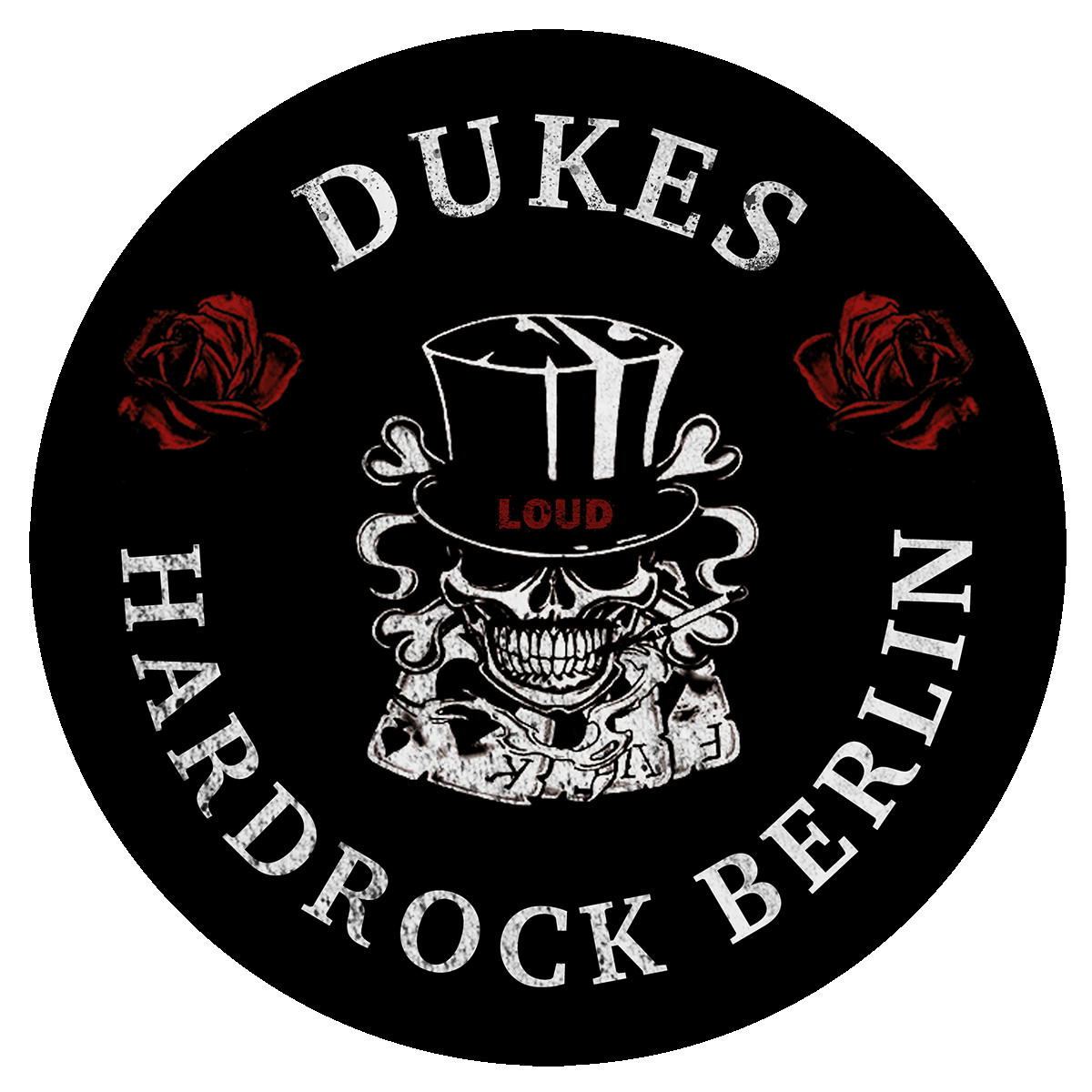 Das runde Logo der Berliner Hardrock Band DUKES mit der Aufschrift HARDROCK BERLIN