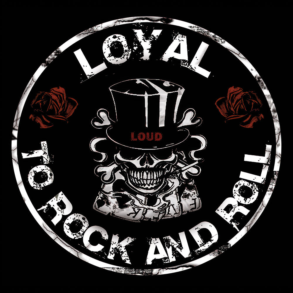 DUKES Logo LOYAL TO ROCK AND ROLL mit Totenkopf und Zylinder, in dem das Wort LOUD steht